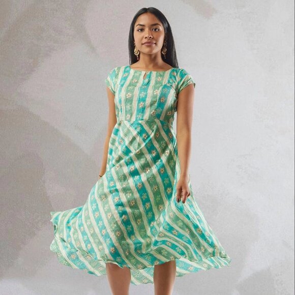 Floral Rayon Knee-Length Dress in Blue and Green | Muvvas Boutique - Picture 2 of 3
